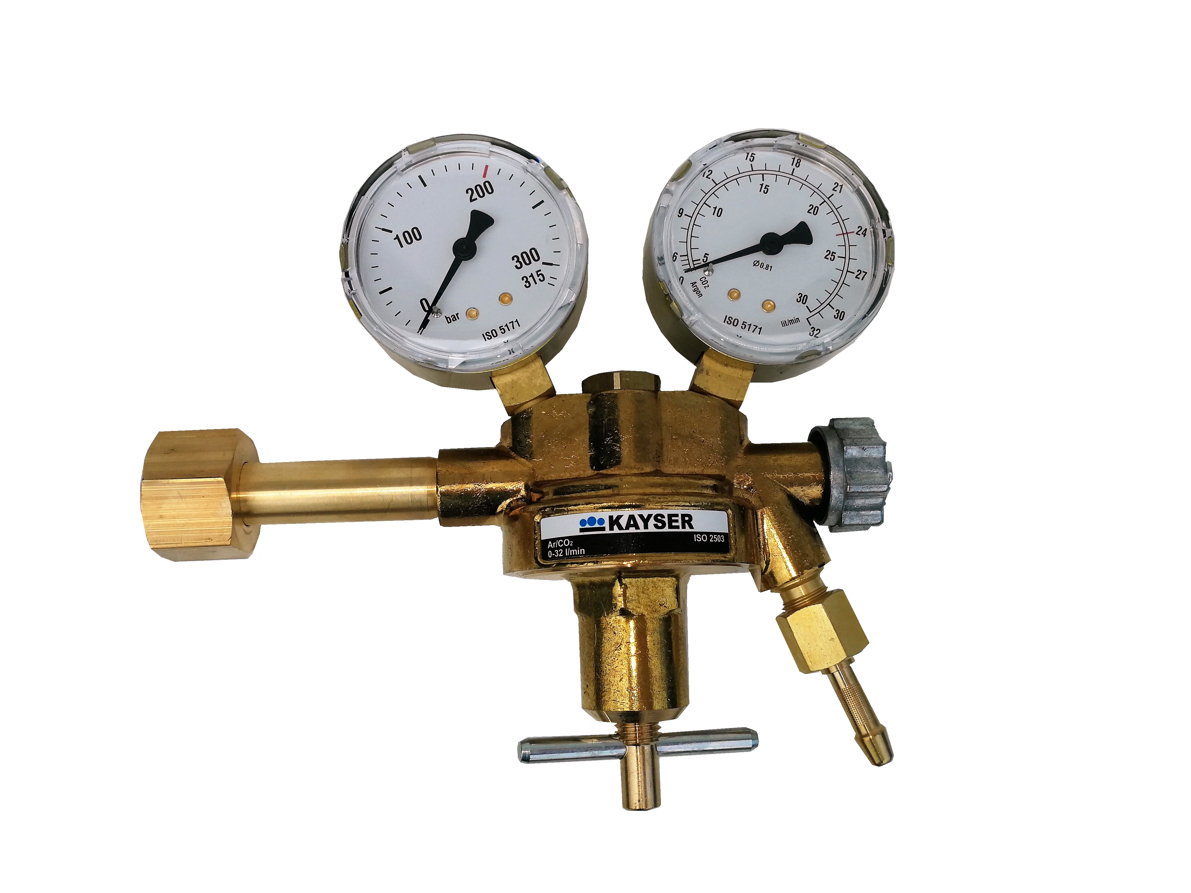HELO 175314 Druckregler für Argon 0-30 L/Min Schutz- und Schweißgas Druckminderer mit 2 Absperrventilen und Manometer für Schweißgeräte. CO2 und Schutzgas Flaschen